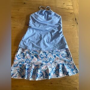 Two Piece Floral Halter Swimsuit‎ Set Blue Skirt Women’s Medium Preloved
